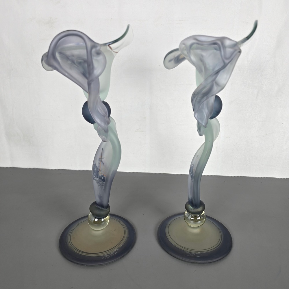 Ion Tamaian Signed Studio Art Glass Candle Holders Pair Frosted Blue Gold Gilt - Picture 10 of 16